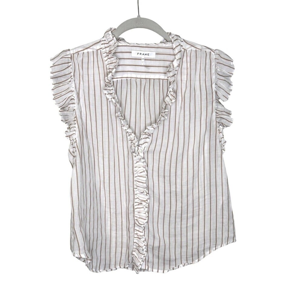 FRAME Top Womens M White Stripe Ruffle Sleeveless Blouse Ramie Summer Casual